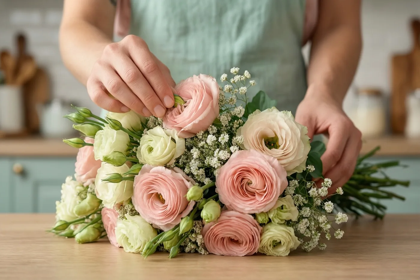 Handen schikken een boeket roze en crèmekleurige bloemen op een houten keukentafel.
