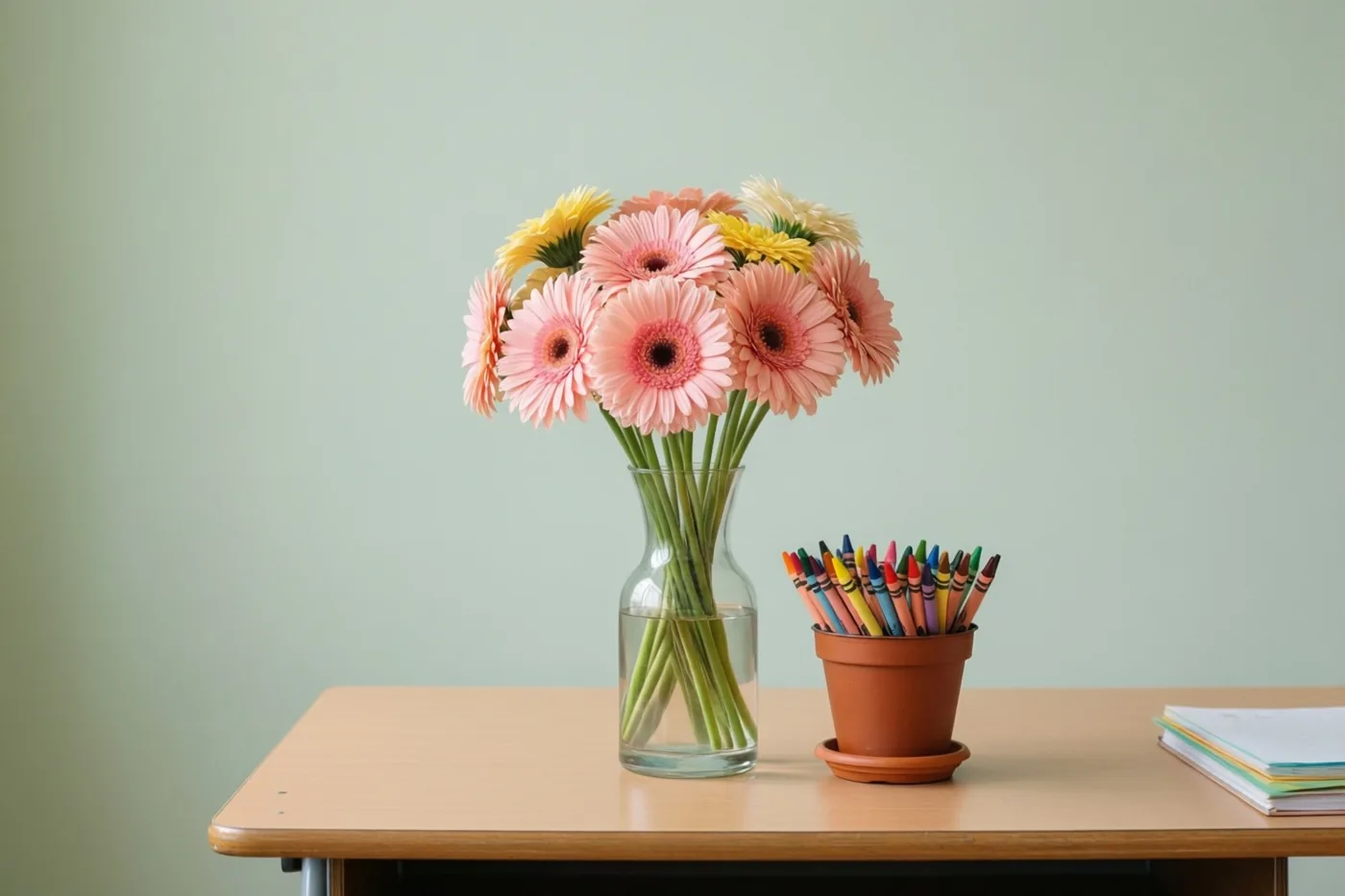 Een vaas met roze en gele gerbera’s staat op een houten bureau naast een terracotta pot met kleurkrijtjes, voor een effen lichtgroene muur.