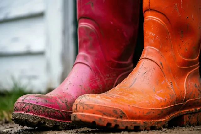 Een roze en een oranje rubberlaars staan met modder eraan naast elkaar op de aarde voor een witgekalkte houten wand.