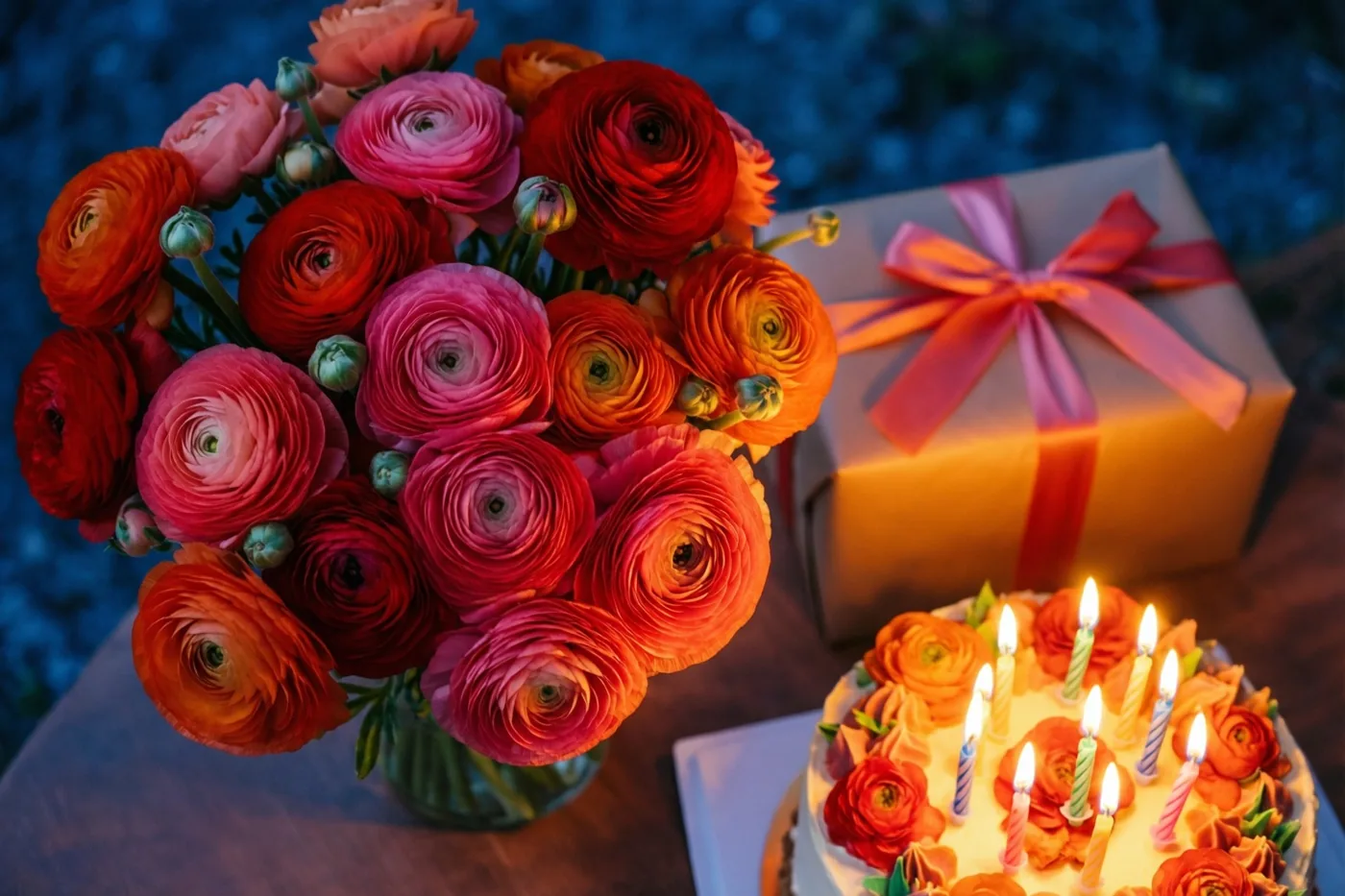 Een boeket roze en oranje ranonkels staat naast een ingepakt cadeau en een verjaardagstaart met brandende kaarsjes, tegen een donkerblauwe achtergrond.