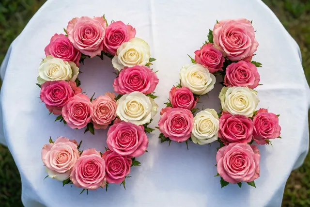 Roze en roomwitte rozen vormen van bovenaf gezien het getal 94 op een wit tafelkleed.
