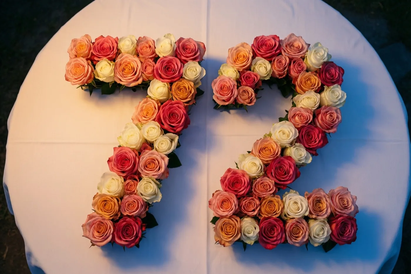 Van bovenaf zijn roze en witte rozen te zien die 72 vormen op een wit tafelkleed.