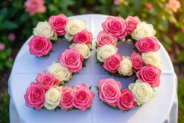 Roze en witte rozen vormen van bovenaf gezien het getal 29 op een wit tafellaken buiten, met onscherp groen en bloemen op de achtergrond.