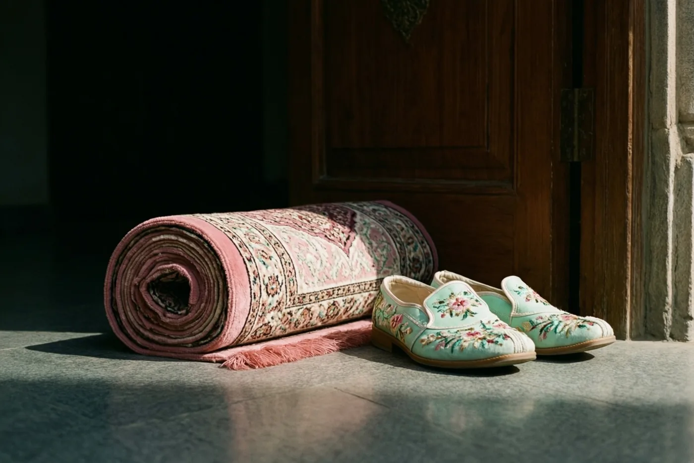 Een opgerold roze gebedskleed en lichtgroene schoenen met geborduurde bloemen liggen in warm zonlicht op een stenen vloer naast een houten deur.