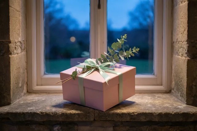 Een lichtroze geschenkdoos met een lichtgroen lint en een takje eucalyptus staat op een stenen vensterbank voor een raam met een schemerblauw uitzicht.