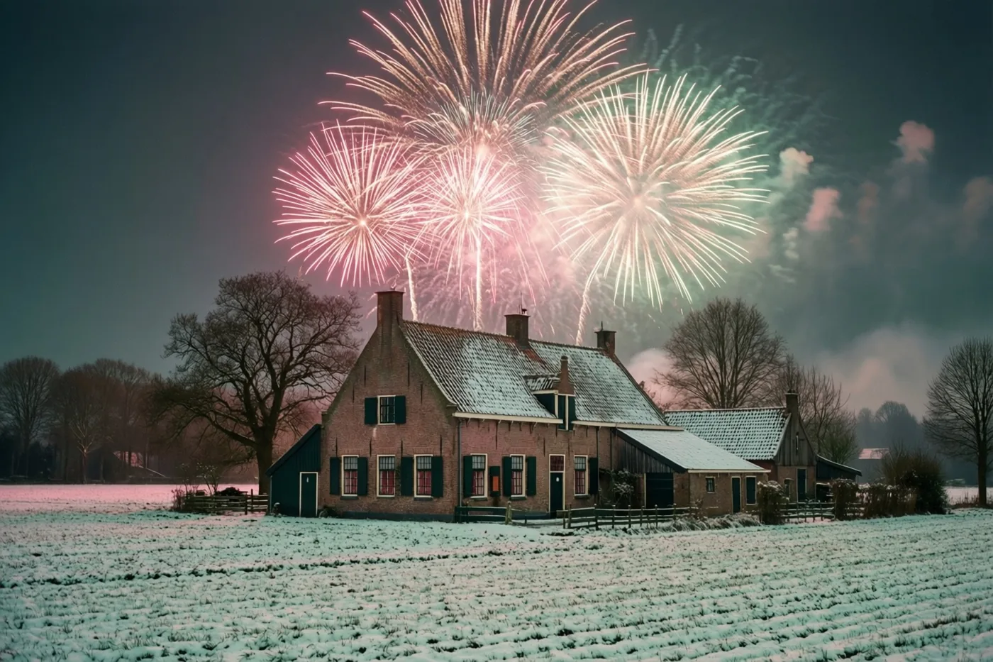 Roze en groen vuurwerk verlicht de nachthemel boven een Vlaamse hoeve met een besneeuwd dak, een besneeuwd veld en kale bomen in blauwe en witte tinten.