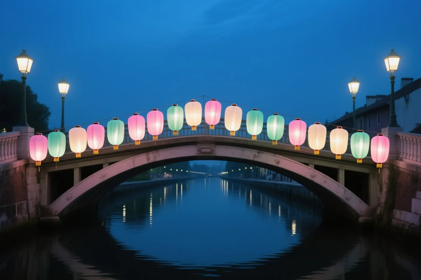 Een brug over een rustig kanaal is versierd met roze en groene lantaarns, met straatverlichting onder een diepblauwe schemerlucht.