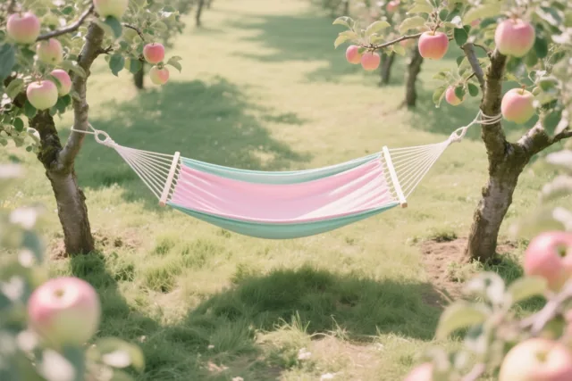Een pastelroze en mintgroene hangmat hangt tussen twee appelbomen in een zonnige boomgaard met groen gras en rijpe appels.