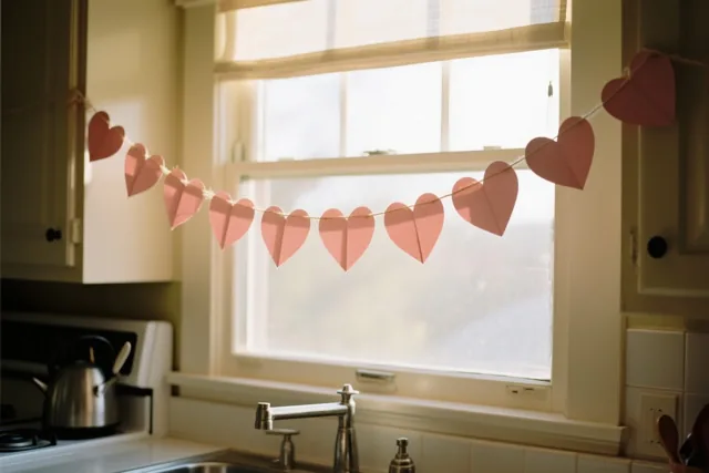 Roze papieren hartjes hangen voor een keukenraam in zacht zonlicht, met een spoelbak, kraan en kasten in beeld.