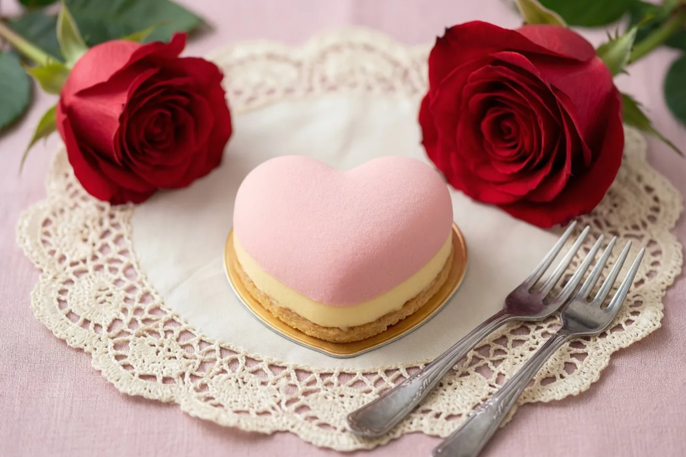 Een matroze hartvormige taart staat op een wit kanten onderleggertje tussen twee rode rozen en twee dessertvorkjes, op een zachtroze tafelkleed.