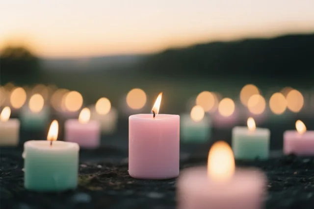 Een brandende roze kaars staat van dichtbij in beeld tussen vele kleine brandende kaarsen, met een onscherp landschap in de schemering erachter.