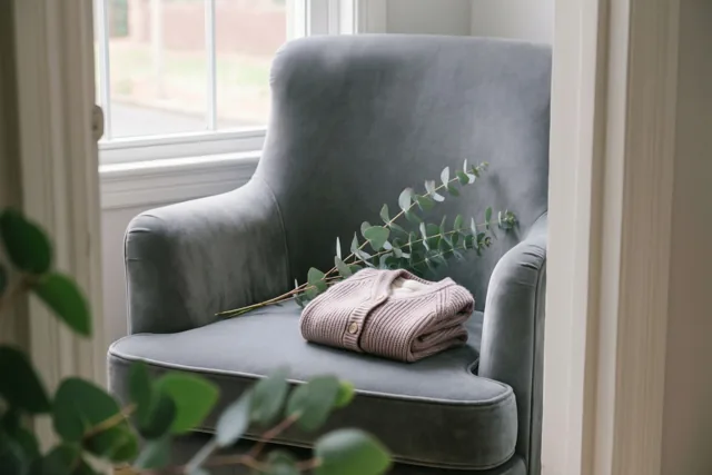 Een opgevouwen lichtroze kasjmieren babyvestje ligt met een takje eucalyptus op een grijze fluwelen fauteuil bij een raam in zacht daglicht.