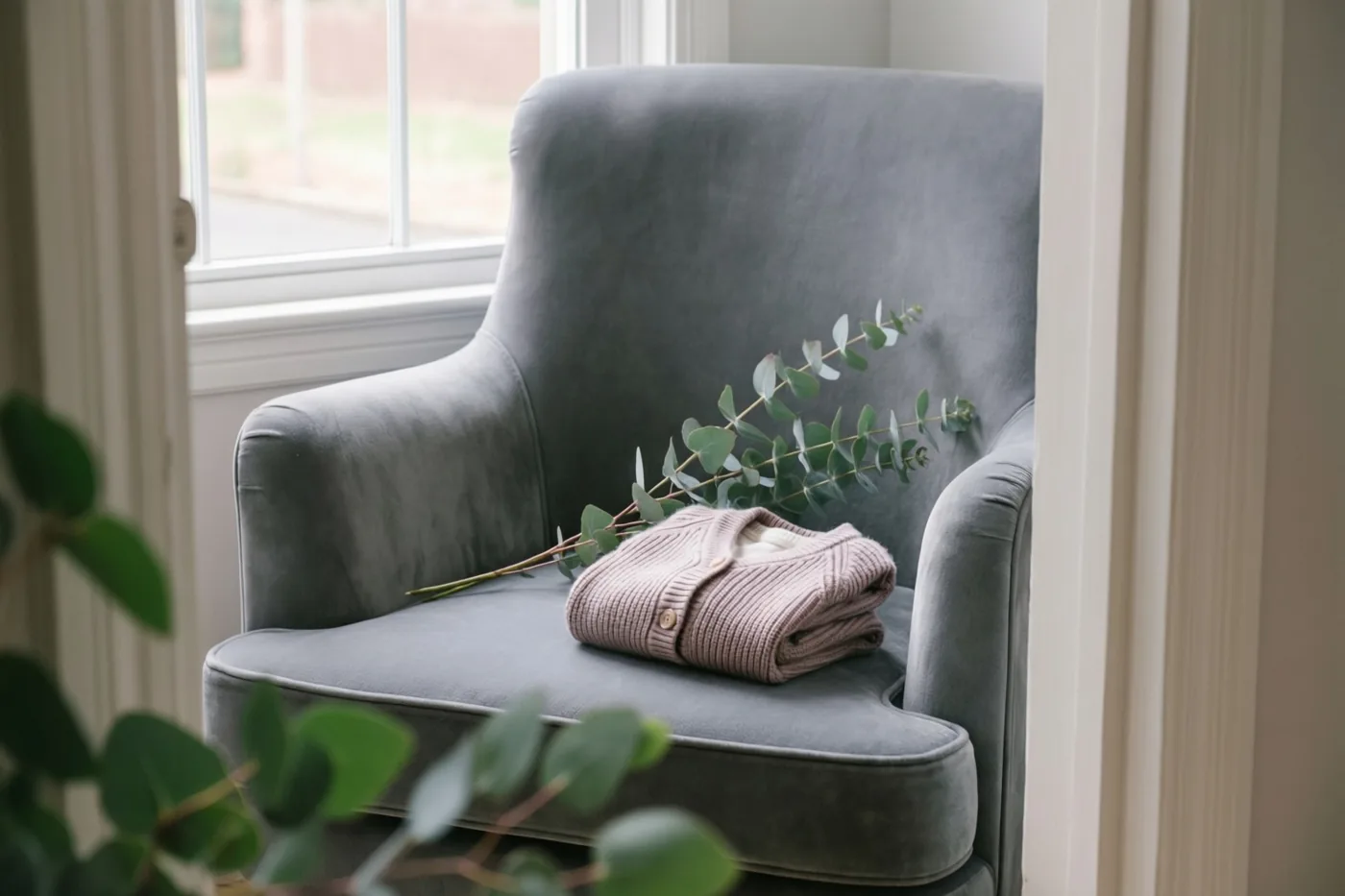 Een opgevouwen lichtroze kasjmieren babyvestje ligt met een takje eucalyptus op een grijze fluwelen fauteuil bij een raam in zacht daglicht.