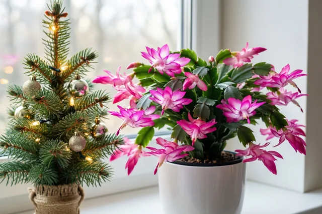 Een bloeiende roze kerstcactus in een witte pot staat in het daglicht op een vensterbank naast een klein dennenboompje met lichtjes en kerstballen.