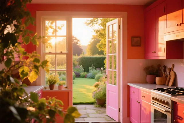 Een keuken met roze kasten en witte werkbladen heeft een raam en een open deur met zicht op een zonnige tuin met groen gras en kleurrijke bloemen.