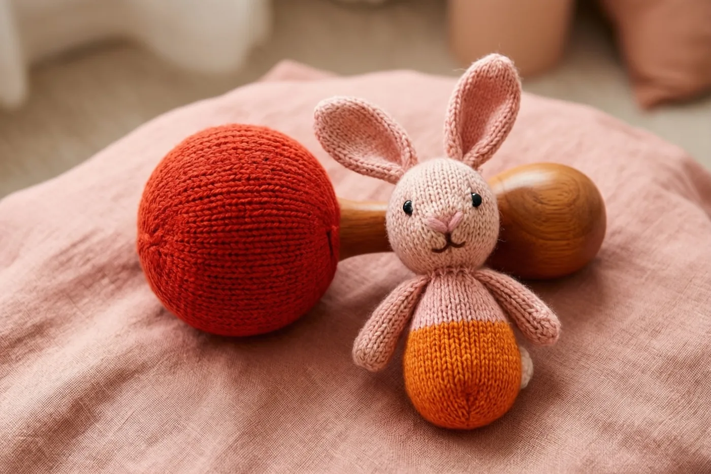 Een houten rammelaar met een rode gebreide bal en een roze gebreid konijn met oranje buik liggen op een oudroze linnen deken.