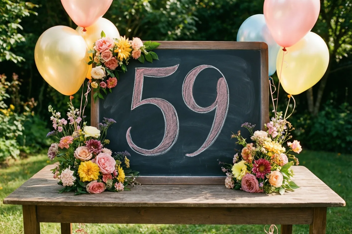 Een krijtbord met 59 in roze krijt staat op een houten tuintafel tussen bloemstukken en pastelballonnen in een zonnige groene tuin.