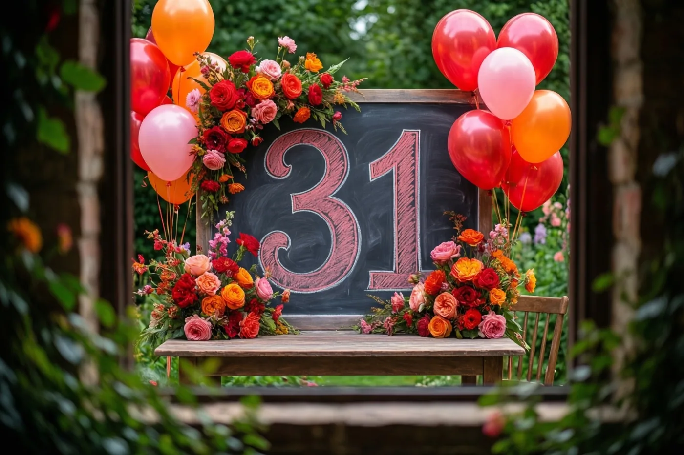 Door een houten raam- of deurkozijn is een krijtbord met 31 in roze krijt te zien op een houten tafel tussen bloemen en rode, roze en oranje ballonnen in een groene tuin.
