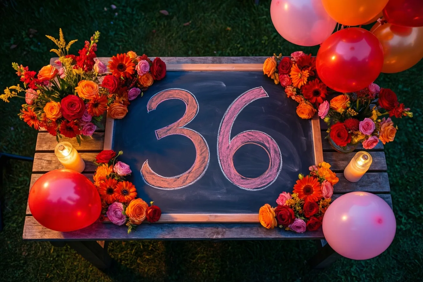 Een krijtbord met 36 in roze krijt staat op een houten tuintafel tussen rode, oranje en roze bloemen en ballonnen, op groen gras in warm goudkleurig licht.