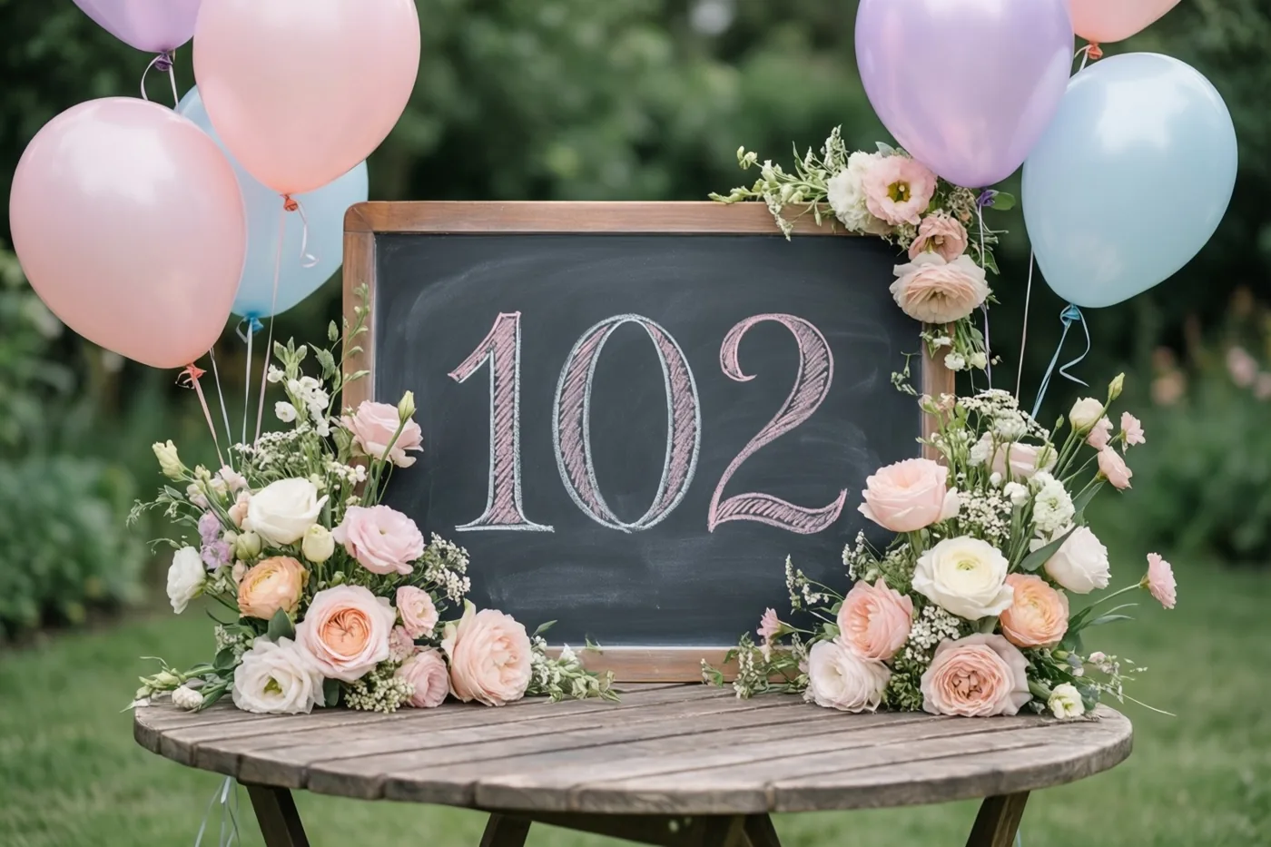 Een krijtbord met 102 in roze krijt staat op een houten tuintafel tussen bloemstukken en pastelkleurige ballonnen.