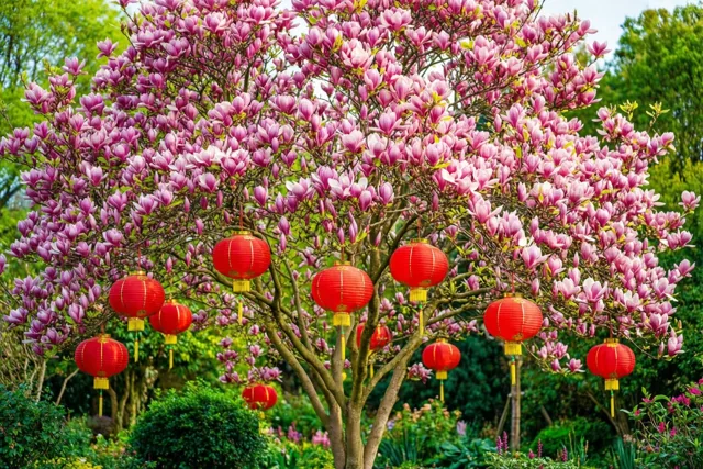 Een magnoliaboom in volle roze bloei is versierd met rode lantaarns in een weelderige groene tuin.