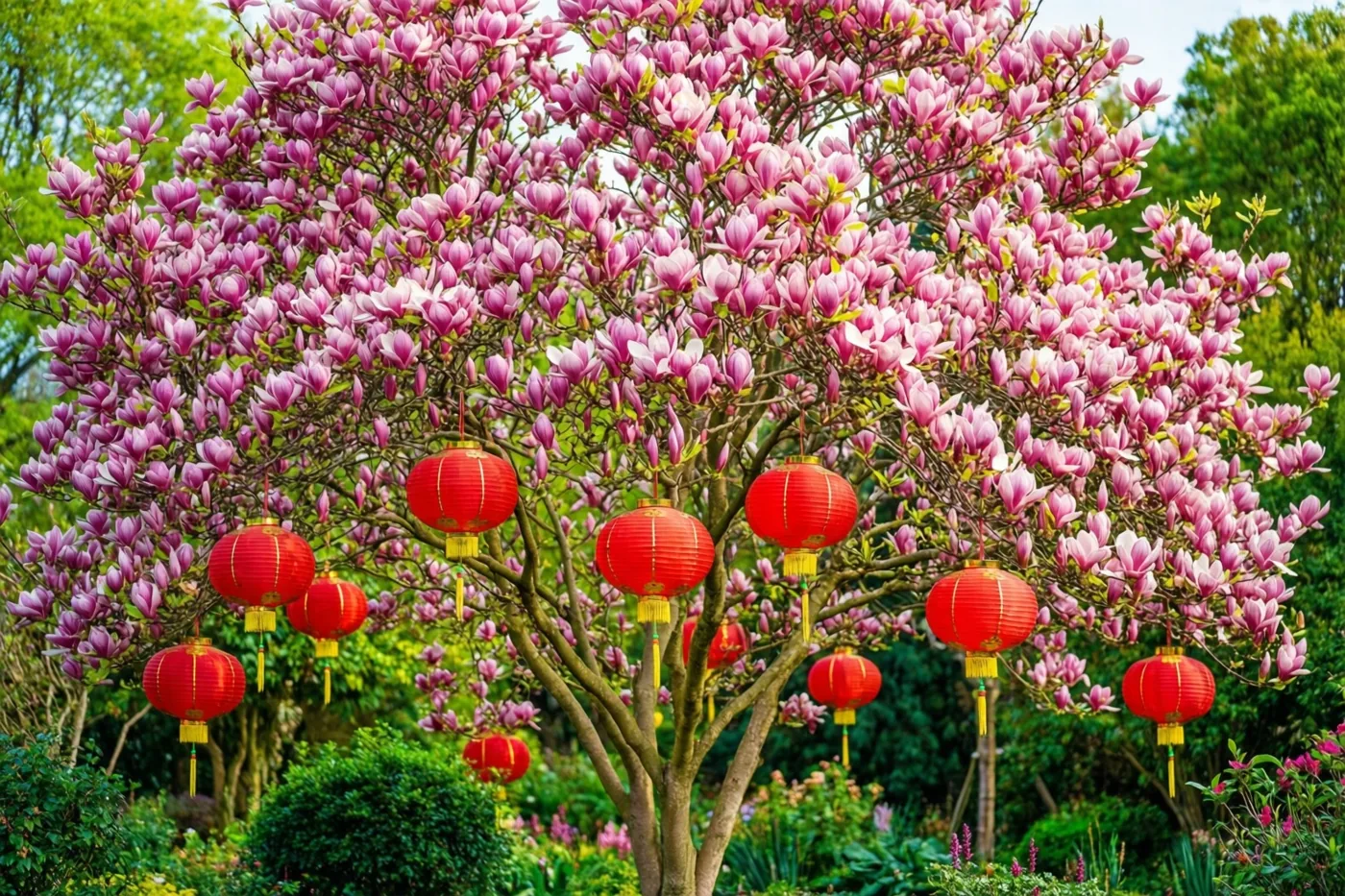Een magnoliaboom in volle roze bloei is versierd met rode lantaarns in een weelderige groene tuin.
