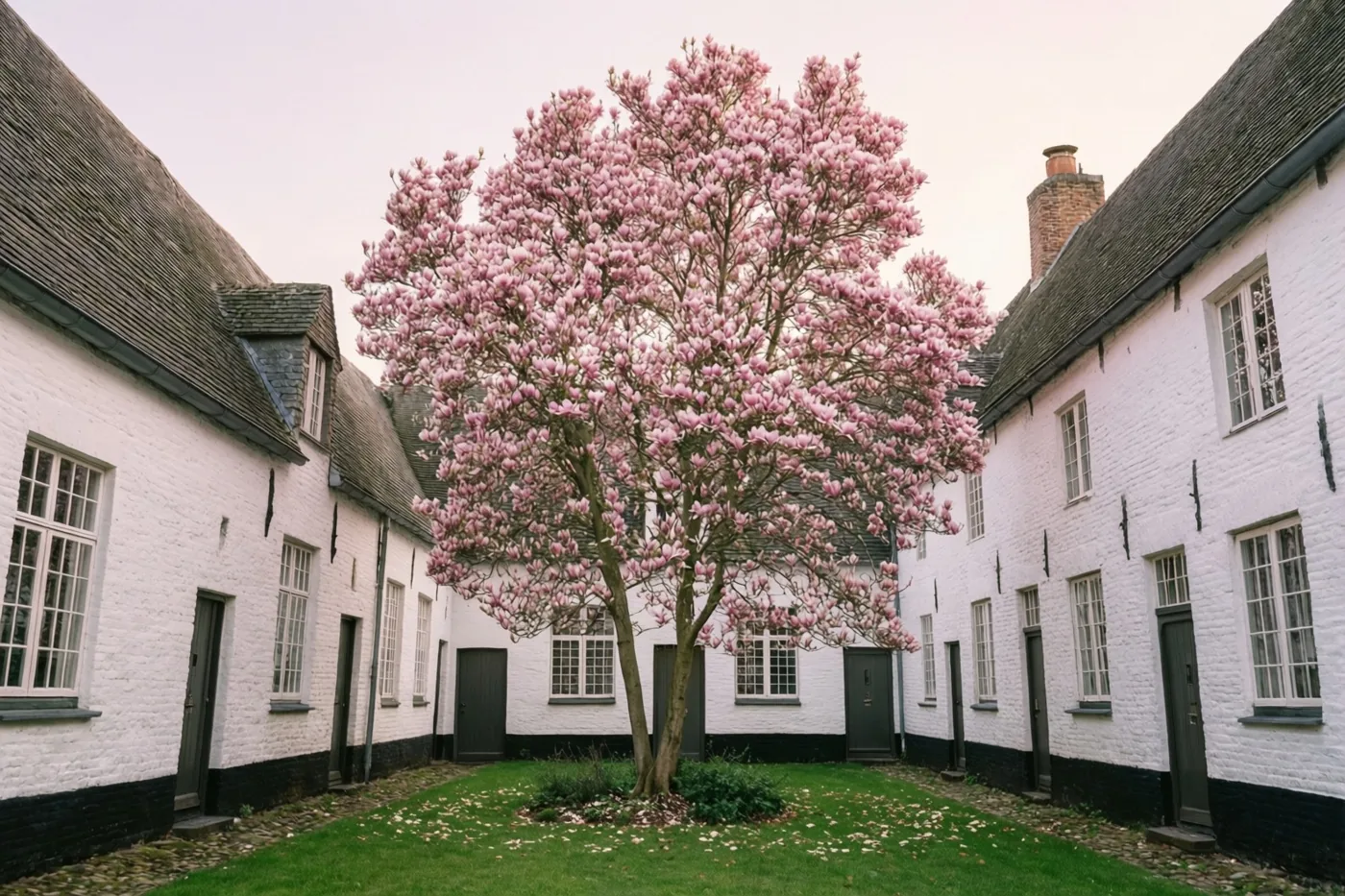 Een roze bloeiende magnolia staat op een groen gazon tussen witgekalkte huizen met donkere daken en deuren onder een zachtbewolkte hemel.