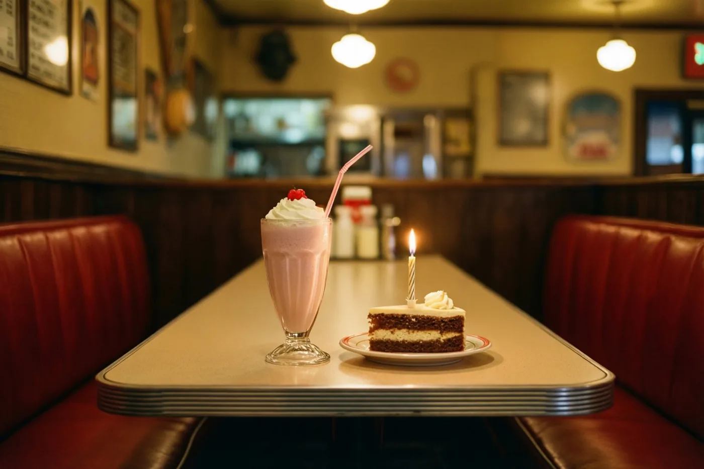 Een stuk laagjestaart met een brandend kaarsje en een roze milkshake met slagroom en een kers staan op een tafel bij rode leren zitbanken in een retrobar.