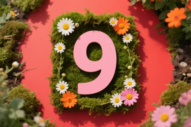 Een uitgesneden roze 9 staat centraal op een vierkant kader van groen mos met witte, oranje en roze madeliefjes tegen een felrode achtergrond.