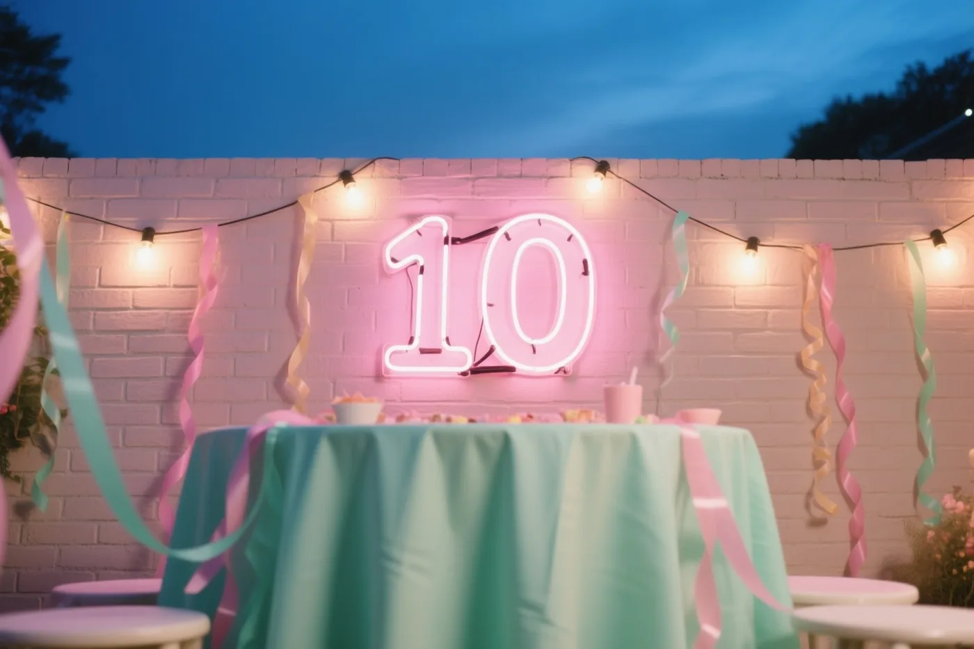 Een roze neongetal 10 hangt aan een witte bakstenen muur boven een tafel met een mintgroen kleed, tussen slingers en lichtslingers in de schemering.