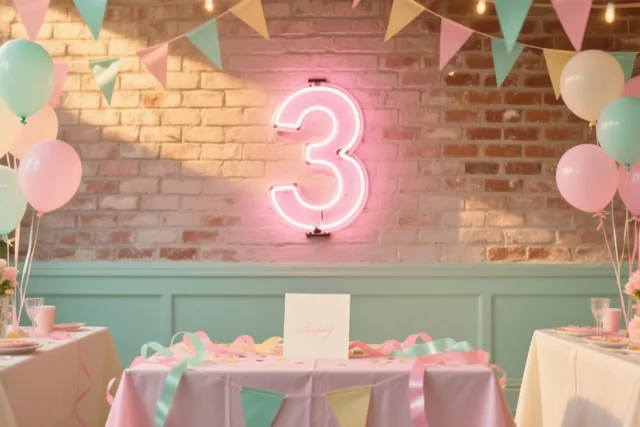 Een roze neon-3 hangt aan een bakstenen muur boven een feesttafel met slingers en ballonnen in pastelroze, mintgroen en geel.
