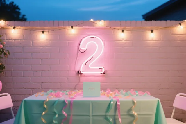 Een roze neon-2 hangt buiten bij schemering aan een witte bakstenen muur boven een tafel met een mintgroen kleed en kleurrijke slingers, onder lichtsnoeren.