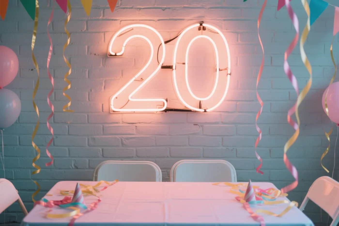 Een neonbord met 20 in warmroze licht hangt aan een witte bakstenen muur boven een feesttafel, met kleurrijke slingers en ballonnen errond.