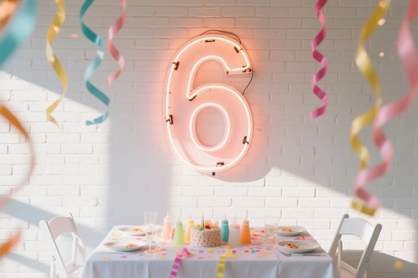 Een roze neonlicht in de vorm van het cijfer 6 hangt aan een witte bakstenen muur boven een versierde feesttafel met kleurrijke slingers en confetti.