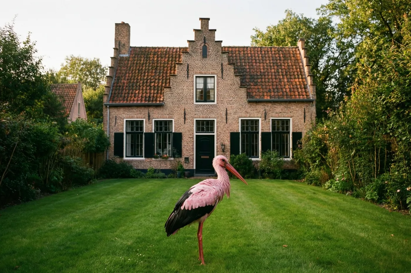 Een roze ooievaar staat op een groen gazon voor een traditioneel Vlaams bakstenen huis met een pannendak en zwarte luiken, in een tuin met bomen bij zacht daglicht.