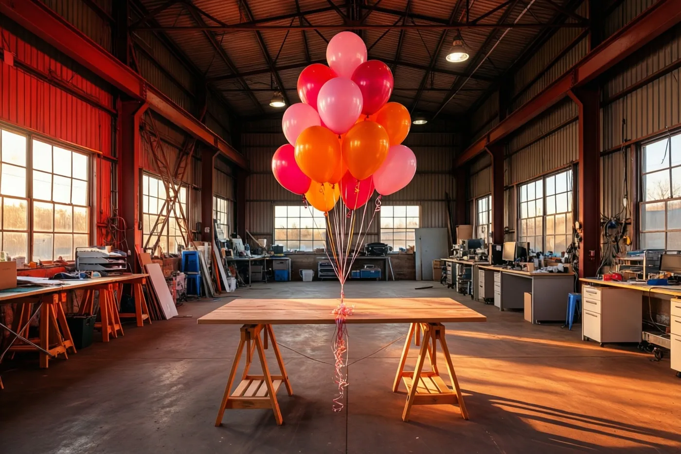 Roze en oranje ballonnen zijn vastgemaakt aan een houten tafel in een ruime werkplek in een gerenoveerde loods met gouden zonlicht door grote ramen.