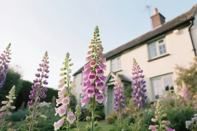 Roze en paarse vingerhoedskruiden en lupinen bloeien voor een wit huisje onder een bleke lucht.