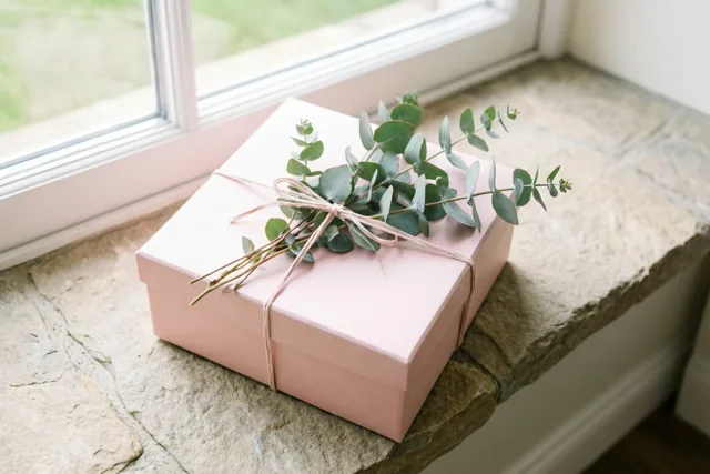 Een lichtroze geschenkdoos met een met touw vastgebonden takje eucalyptus staat op een stenen vensterbank in zacht daglicht.