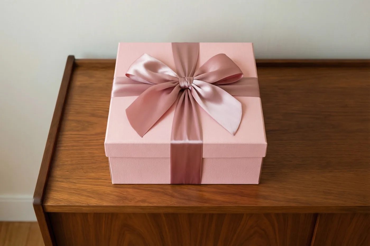 Een roze geschenkdoos met een grote strik staat midden op een houten dressoir, in zacht licht tegen een neutrale achtergrond.
