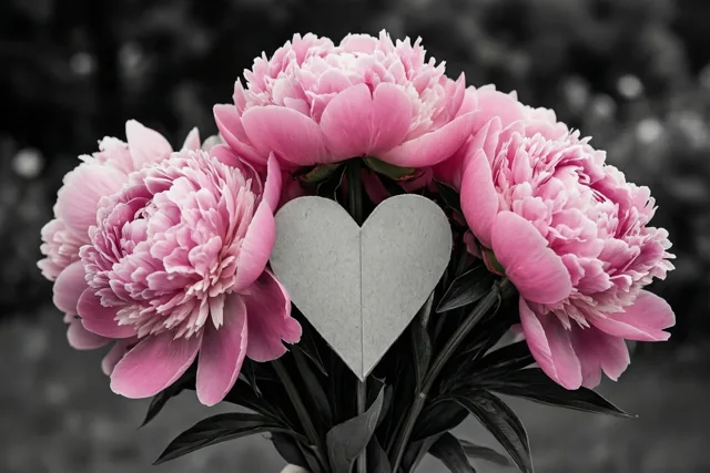 Roze pioenen en een grijs handgemaakt papieren hart tussen de stelen steken af tegen een onscherpe zwart-witte achtergrond.