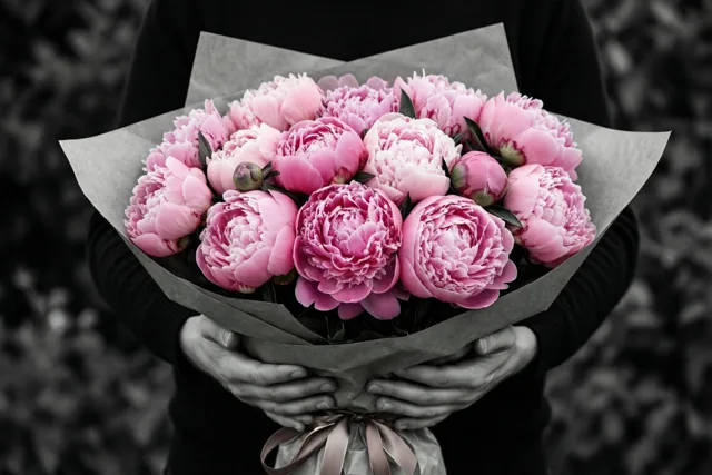 Twee handen houden een groot boeket roze pioenen vast, verpakt in grijs kraftpapier met een lint, tegen een wazige monochrome achtergrond.