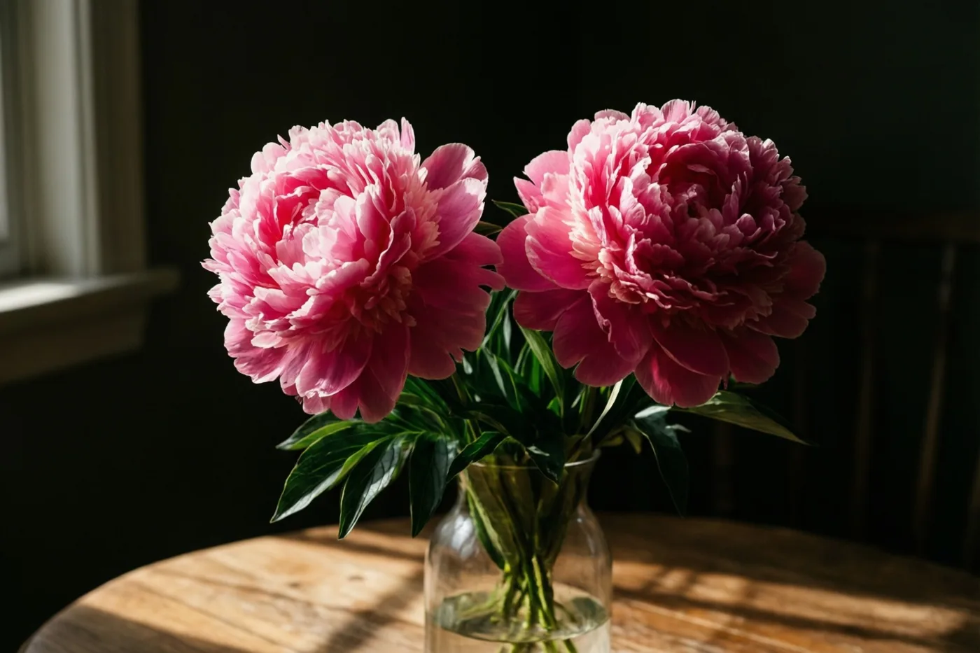 Twee volle roze pioenrozen staan in een doorzichtige glazen vaas op een houten tafel, in zonlicht van een raam tegen een donkere achtergrond.