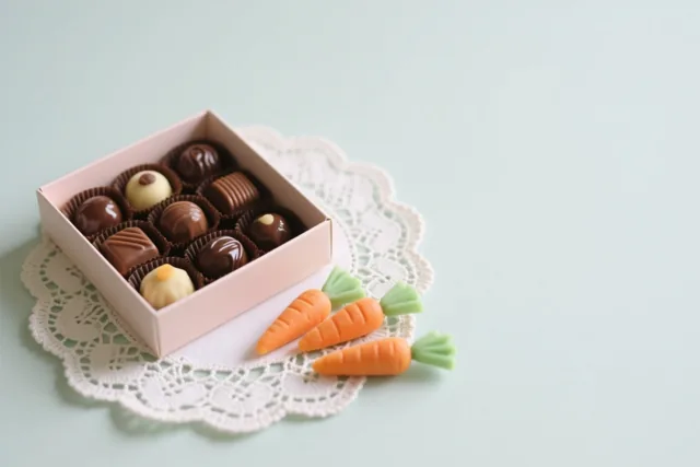 Een roze doos met glanzende pralines staat op een witte kanten onderlegger naast drie marsepeinen worteltjes met groene topjes, tegen een mintgroene achtergrond.