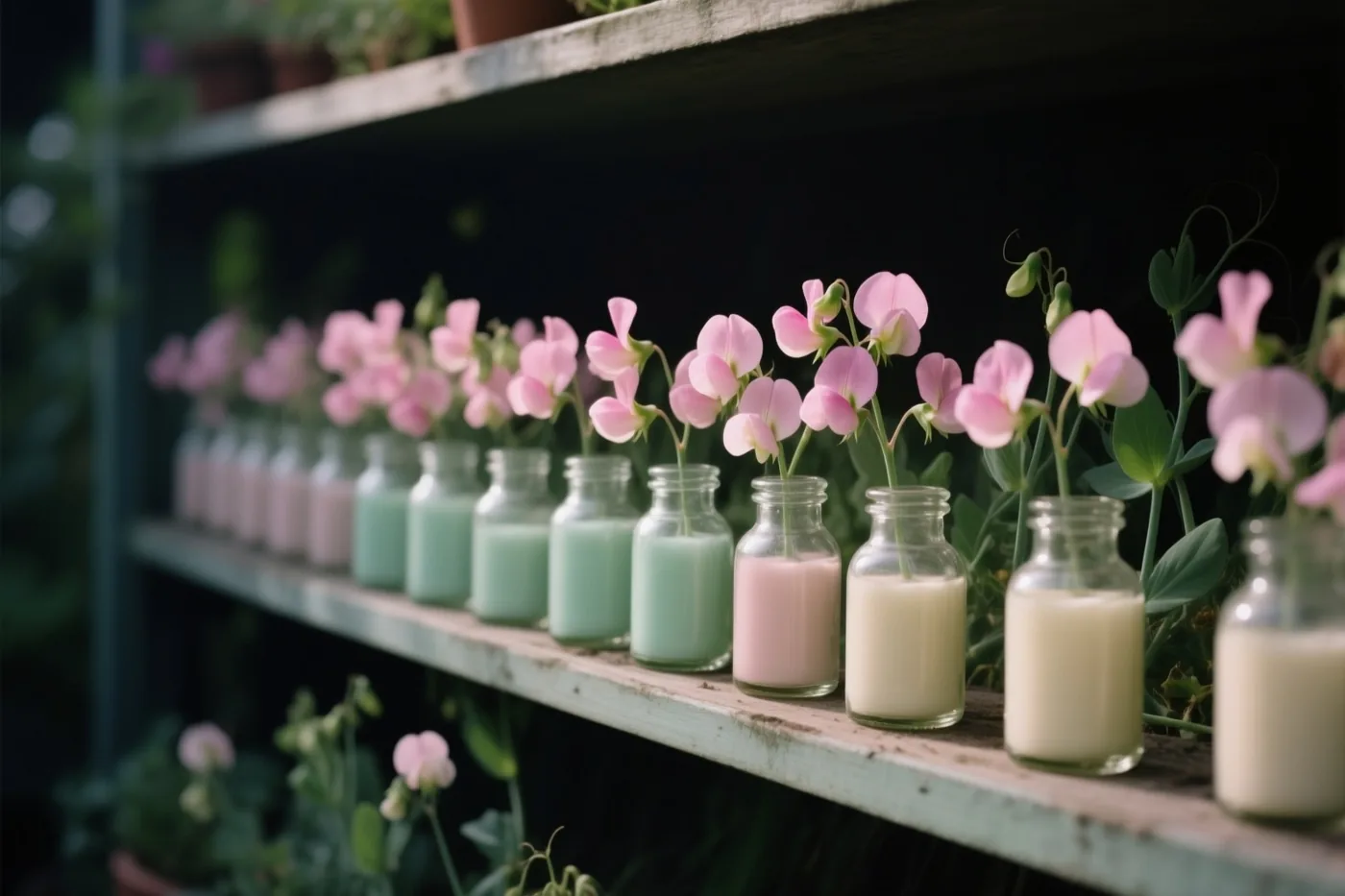 Op een verweerde houten plank in een tuin staan glazen flesjes met vloeistoffen in pastelkleuren en elk een roze pronkerwtbloem.