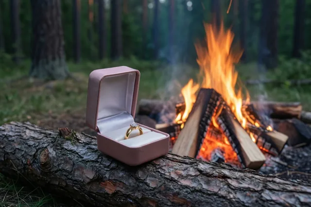 Een open roze ringdoosje met een gouden ring ligt op een omgevallen boomstam naast een kampvuur in een bos bij schemering.