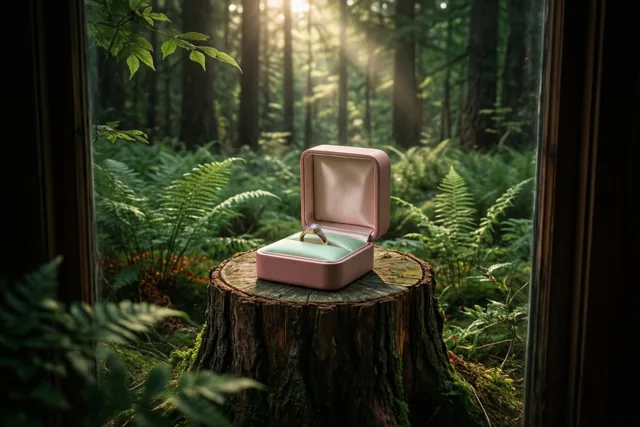 Door een raamkozijn is een open roze ringdoosje met een ring op een bemoste boomstronk te zien, op een zonnige open plek in het bos vol varens.