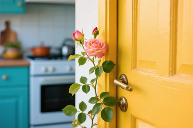 Een klimroos met een roze bloem en knoppen steekt door een gele deur op een kier, met blauwgroene keukenkasten en een witte oven erachter.