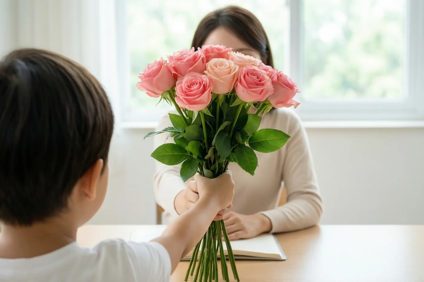 Een kind, van achteren gezien, biedt roze rozen aan een leerkracht achter een bureau bij een raam met daglicht aan.
