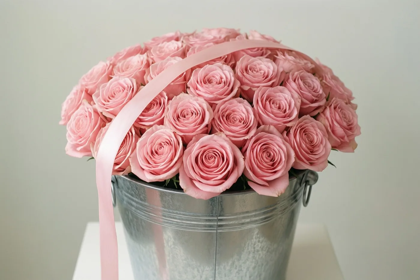 Een groot boeket roze rozen staat in een zilverkleurige metalen emmer met een lichtroze lint over de bovenkant, tegen een lichtgrijze achtergrond.