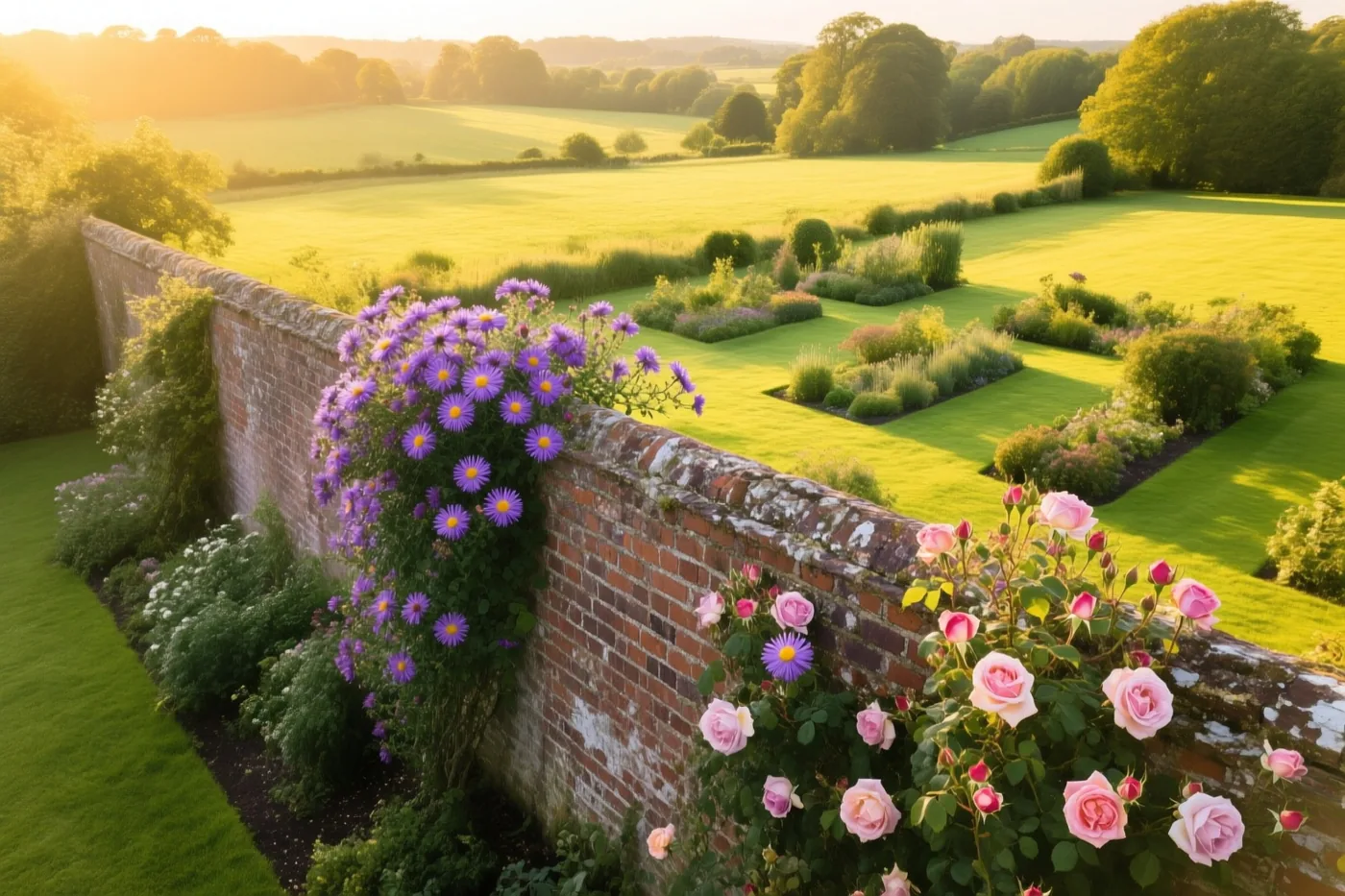 Paarse asters en late roze rozen groeien tegen een oude bakstenen tuinmuur, met een zonnig groen landschap erachter in gouden licht.